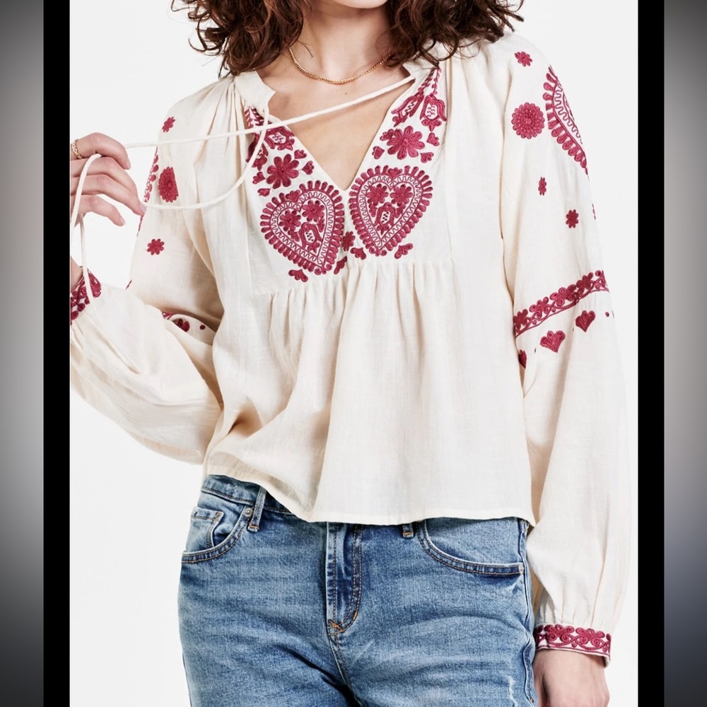 DEAR JOHN DENIM Women's Natalia Long Sleeve Embroidered Top in Cream Size Sz M